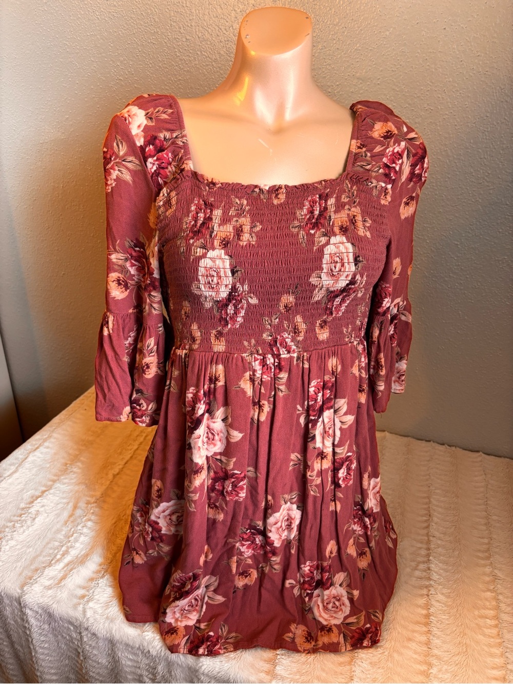Floral Smocked Top/Mini dress Rust Red Cottagecore Boho Y2K